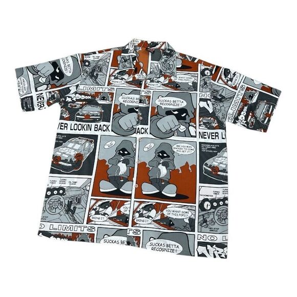 Diss Shadow Men Button Up Hip Hop B-boy All Over Graphic 90’s Shirt XL Brown - Picture 1 of 10